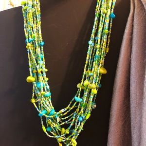 Necklace , multi strand, aqua & green